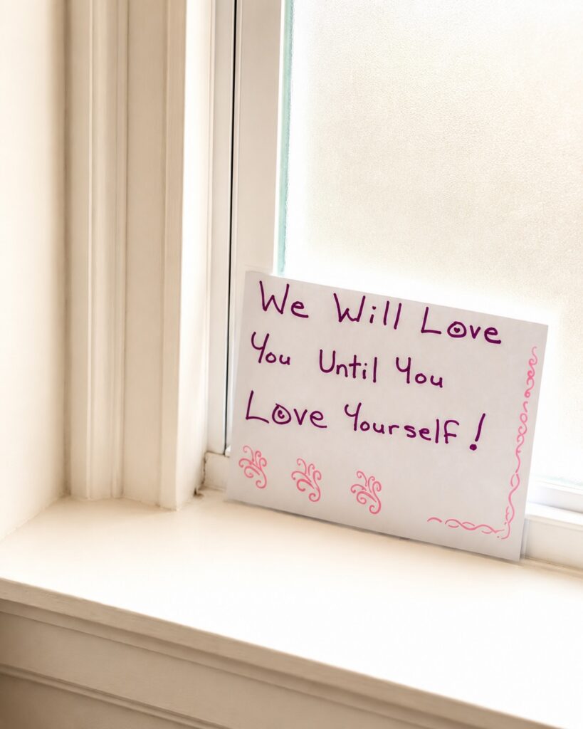 Small Card in the window at Marian House saying "We will love you until you love yourself!"